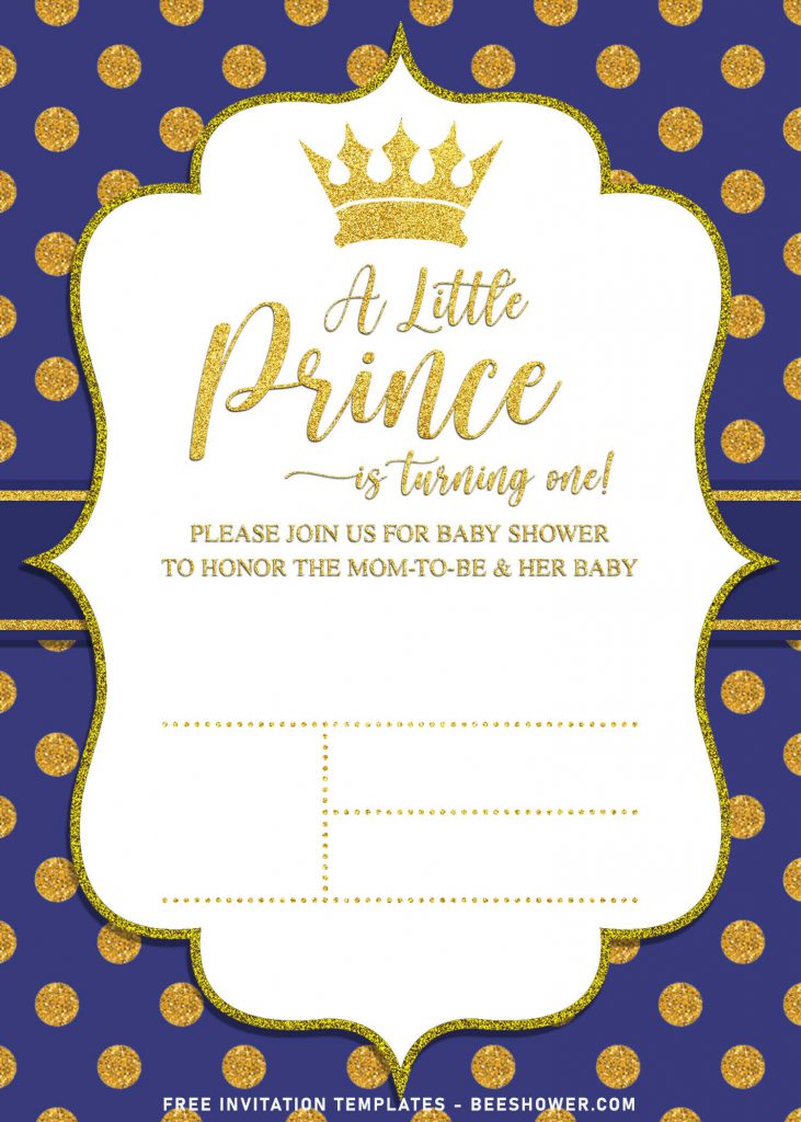 10+ Elegant Gold Glitter Prince Themed Birthday Invitation Templates For Your Kid's Birthday Party and has sparkling gold polka dot pattern