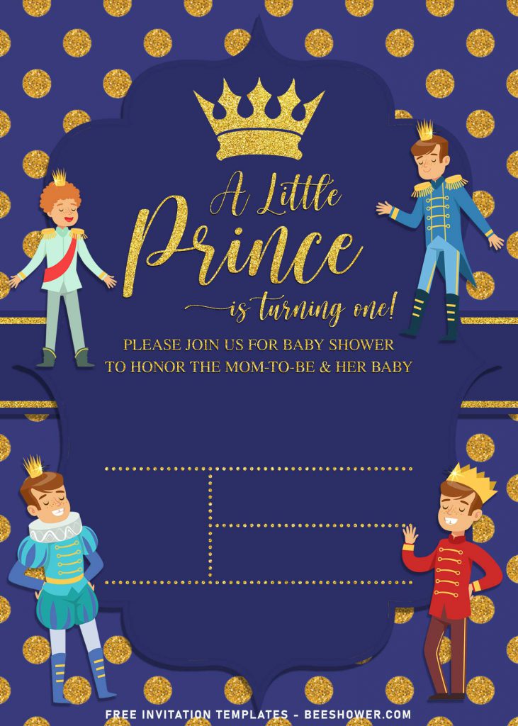 10+ Elegant Gold Glitter Prince Themed Birthday Invitation Templates For Your Kid's Birthday Party and has gold crown