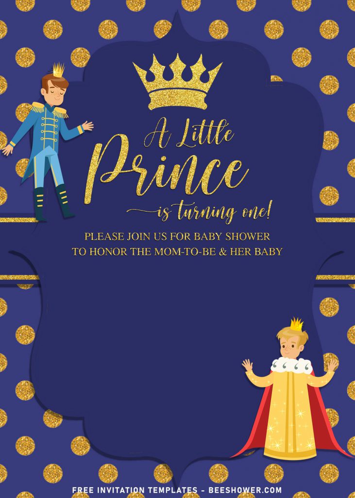 10+ Elegant Gold Glitter Prince Themed Birthday Invitation Templates For Your Kid's Birthday Party and has dark navy blue painted background