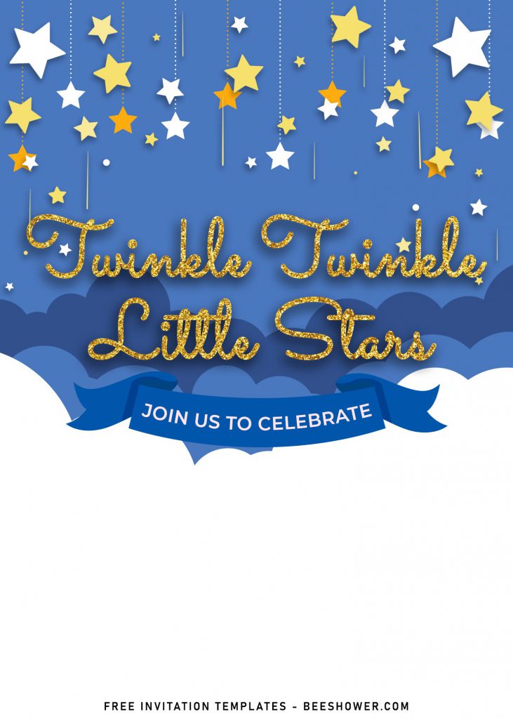 10+ Cute Twinkle Twinkle Little Stars Birthday Invitation Templates and has blue and white cloud background