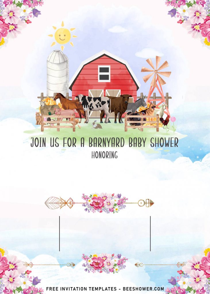 11+ Farm Animals Baby Shower Invitation Templates and has beautiful watercolor Barn house and 