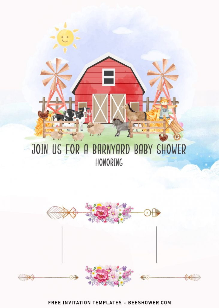 11+ Farm Animals Baby Shower Invitation Templates and has beautiful watercolor Barn house and cow and horse
