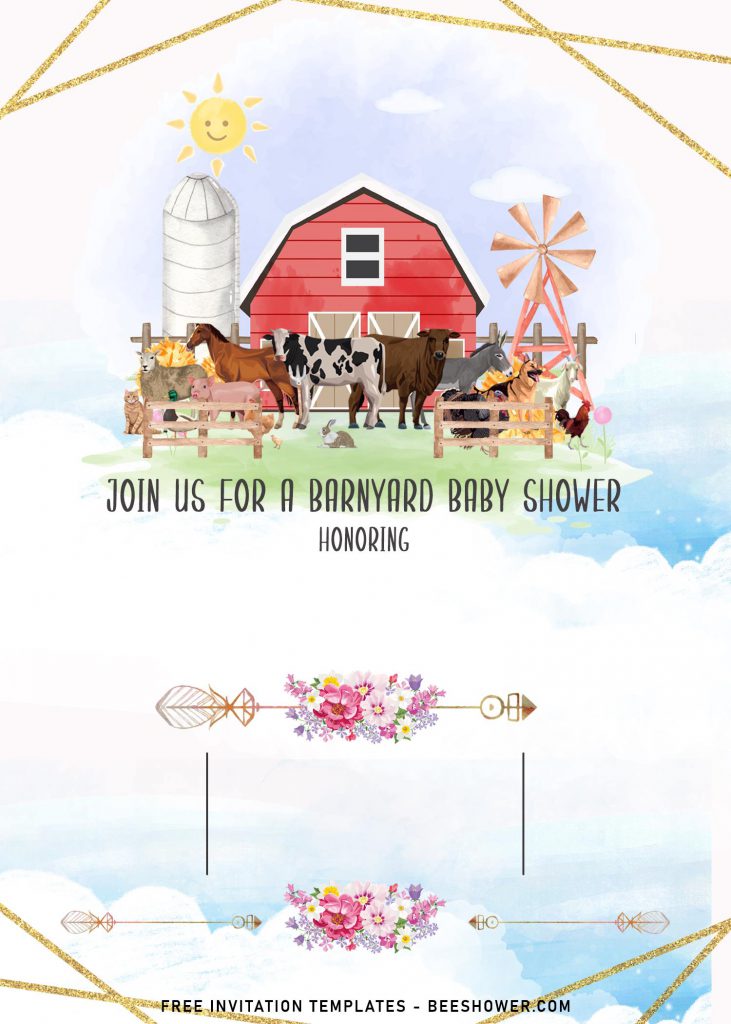 11+ Farm Animals Baby Shower Invitation Templates and has beautiful watercolor Barn house and gold geometric frame