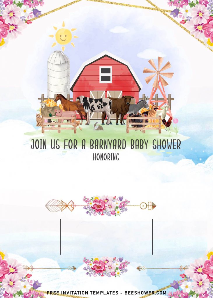 11+ Farm Animals Baby Shower Invitation Templates and has beautiful watercolor Barn house and kettle