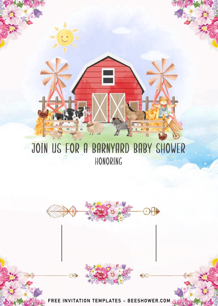 11+ Farm Animals Baby Shower Invitation Templates and has beautiful watercolor Barn house and custom clouds background