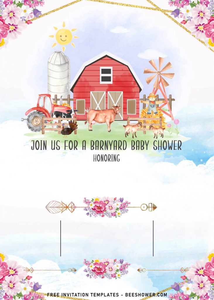 11+ Farm Animals Baby Shower Invitation Templates and has beautiful watercolor Barn house and Silo