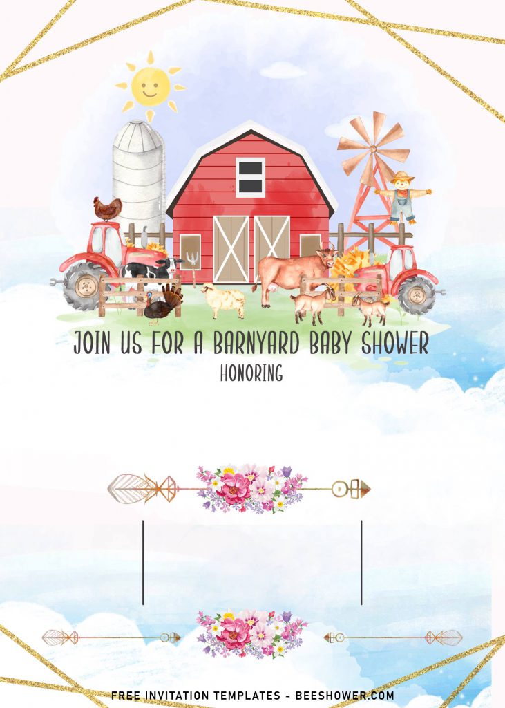 11+ Farm Animals Baby Shower Invitation Templates and has gold geometric pattern