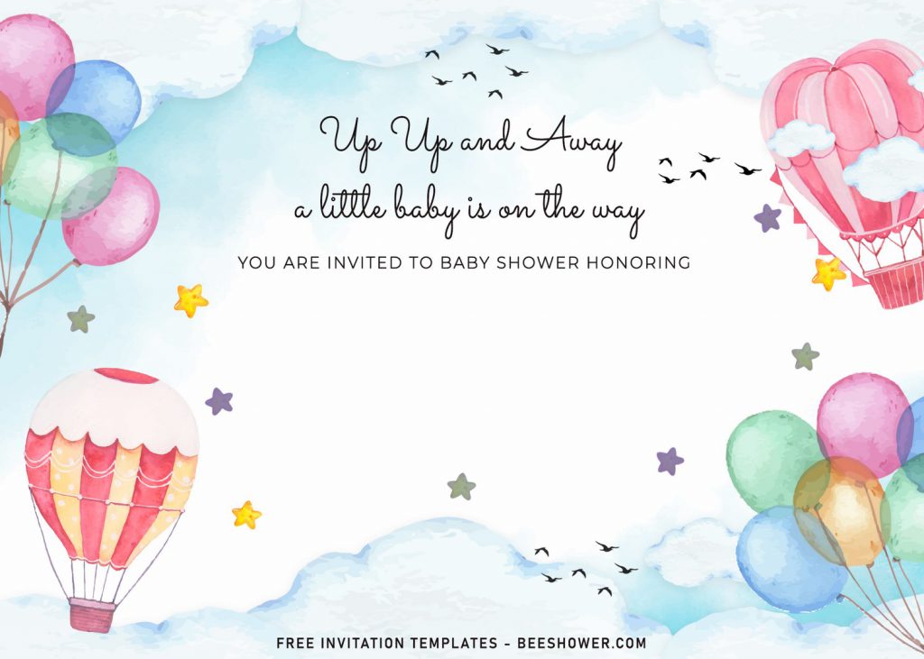 7+ Watercolor Hot Air Balloons Baby Shower Invitation Templates For Your Baby Shower Party and has bird silhouette