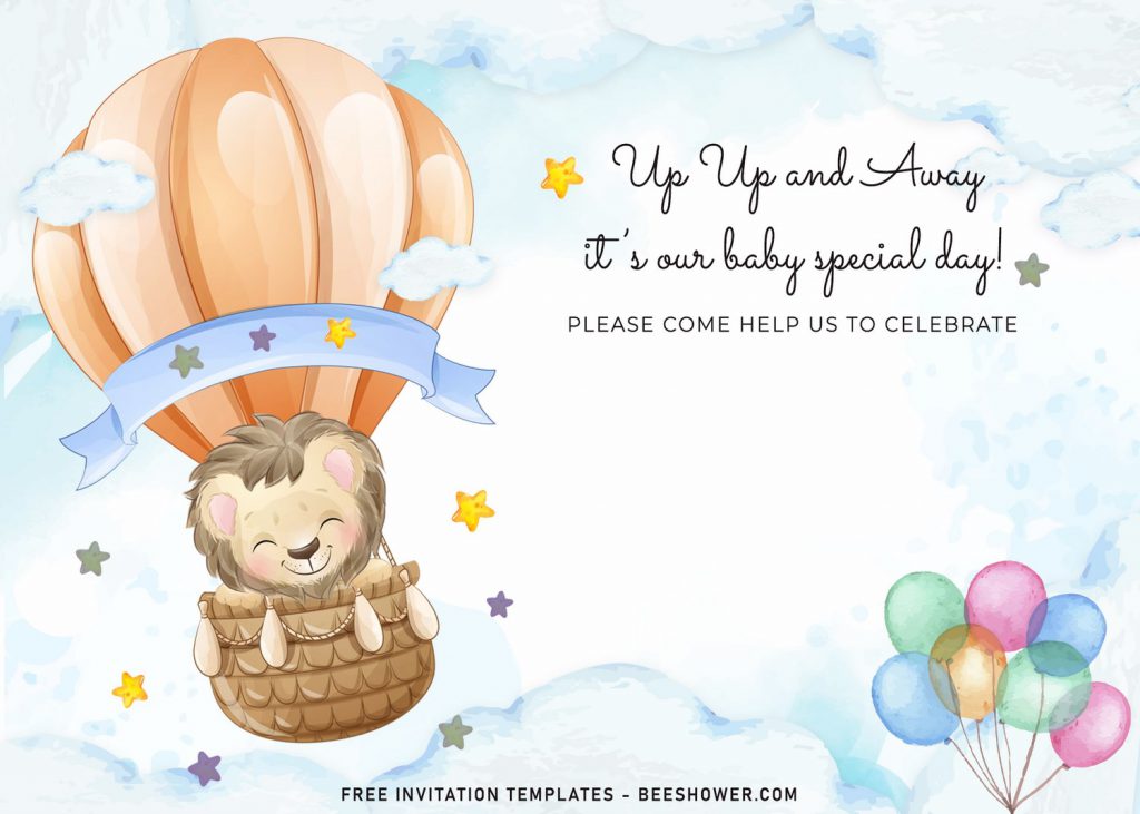 7+ Watercolor Hot Air Balloons Baby Shower Invitation Templates For Your Baby Shower Party and has watercolor hot air balloon and baby lion