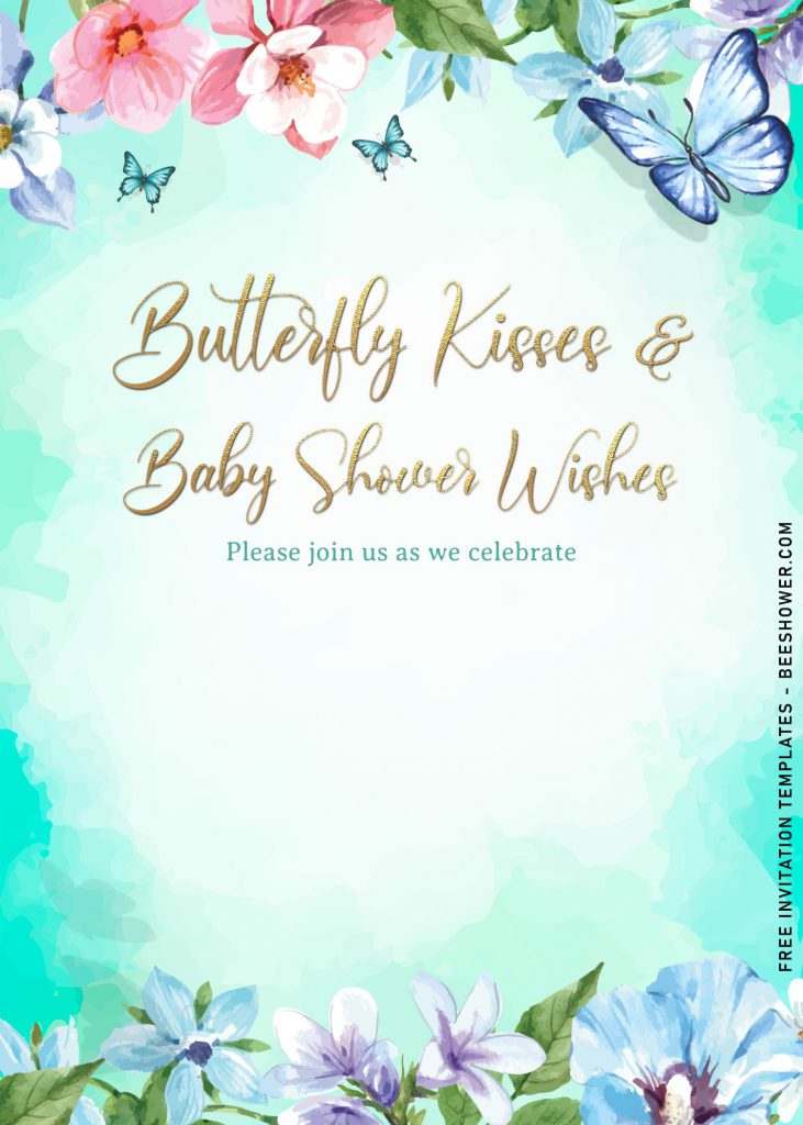 7+ Beautiful Watercolor Butterfly Baby Shower Invitation Templates and has gold text, it says butterfly kisses and baby shower wishes