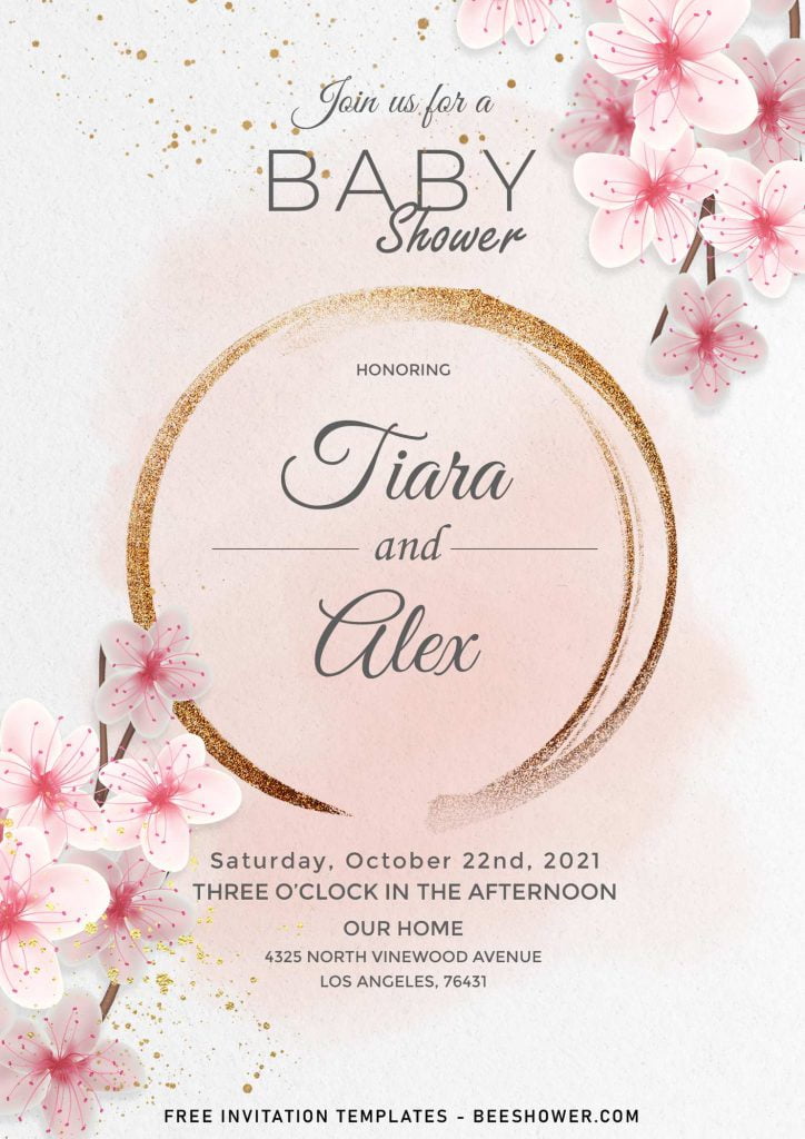 7+ Blush Floral And Gold Baby Shower Invitation Templates and has sparkling gold ellipse frame