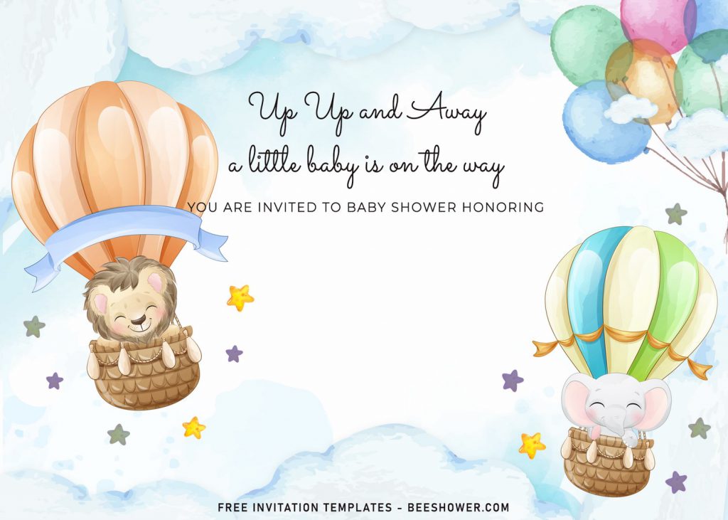 7+ Watercolor Hot Air Balloons Baby Shower Invitation Templates For Your Baby Shower Party and has beautiful scenery of clouds above the sky
