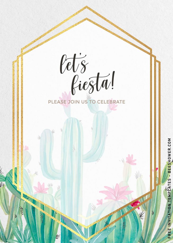 8+ Boho Fiesta Cactus Baby Shower Invitation Templates and has metallic gold text frame and portrait orientation card design