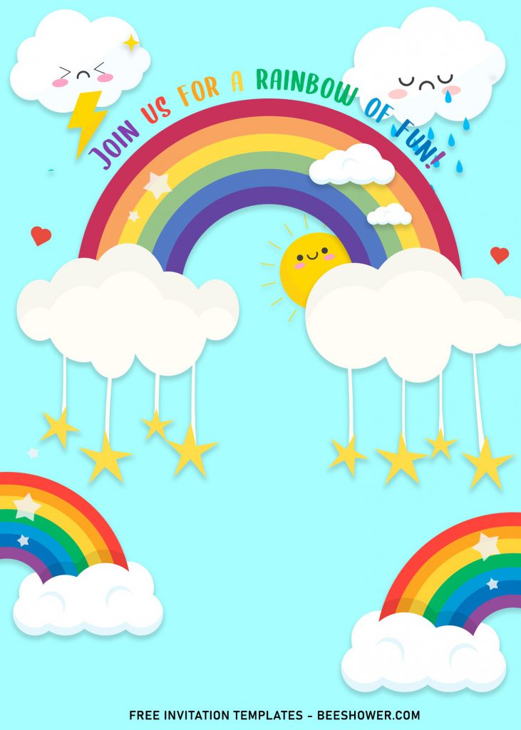 9+ Colorful Rainbow Invitation Card Templates For Your Delightful Baby Shower Party and has blue sky background