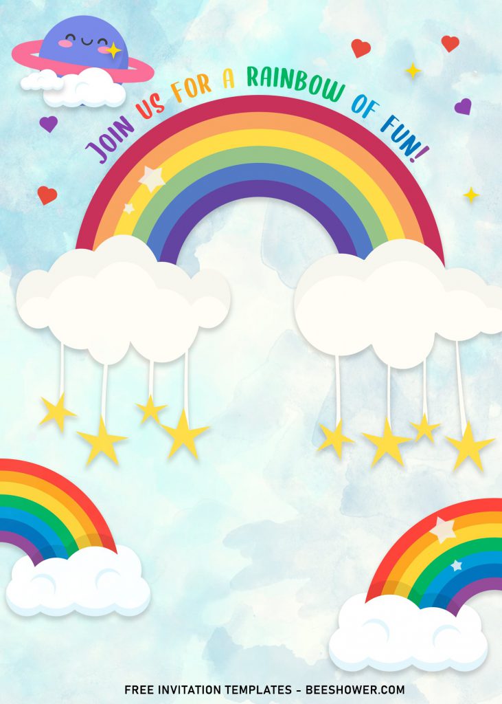 9+ Colorful Rainbow Invitation Card Templates For Your Delightful Baby Shower Party and has pastel rainbow and twinkling stars hanged on fluffy clouds