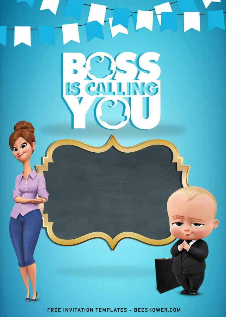 10+ Awesome Boss Baby Themed Baby Shower Invitation Templates and has Janice Templeton, Tim and Boss Baby's Mom and Blue & White Bunting Flags