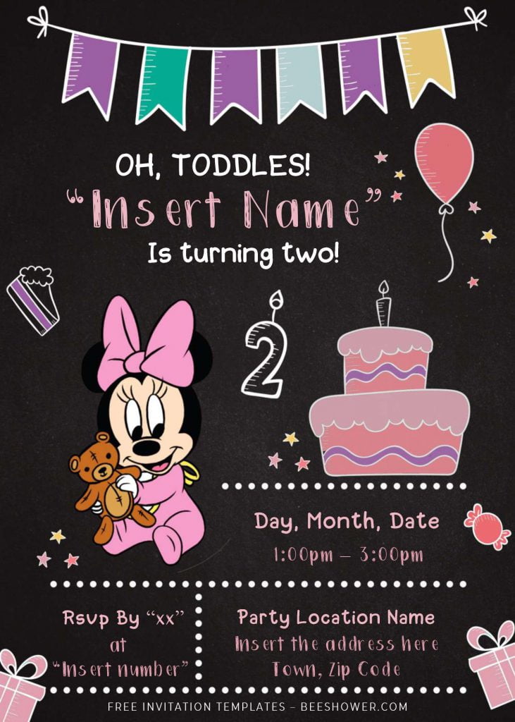 Free Minnie Mouse Chalkboard Baby Shower Invitation Templates For Word and has chalkboard drawing