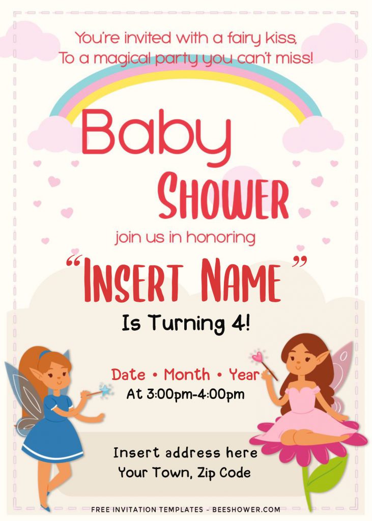 Free Rainbow Magic Fairy Baby Shower Invitation Templates and has fluffy clouds