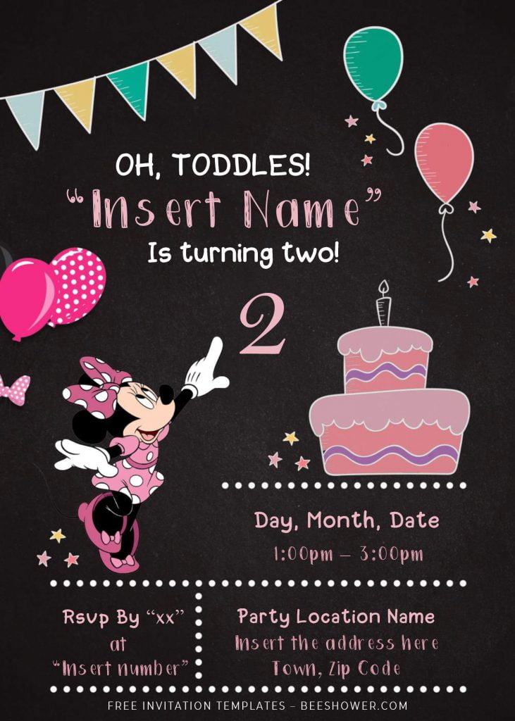 Free Minnie Mouse Chalkboard Baby Shower Invitation Templates For Word and has colorful party garlands or bunting flags