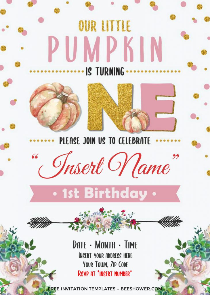Free Pumpkin Baby Shower Invitation Templates For Word and has cute pink and gold glitter text