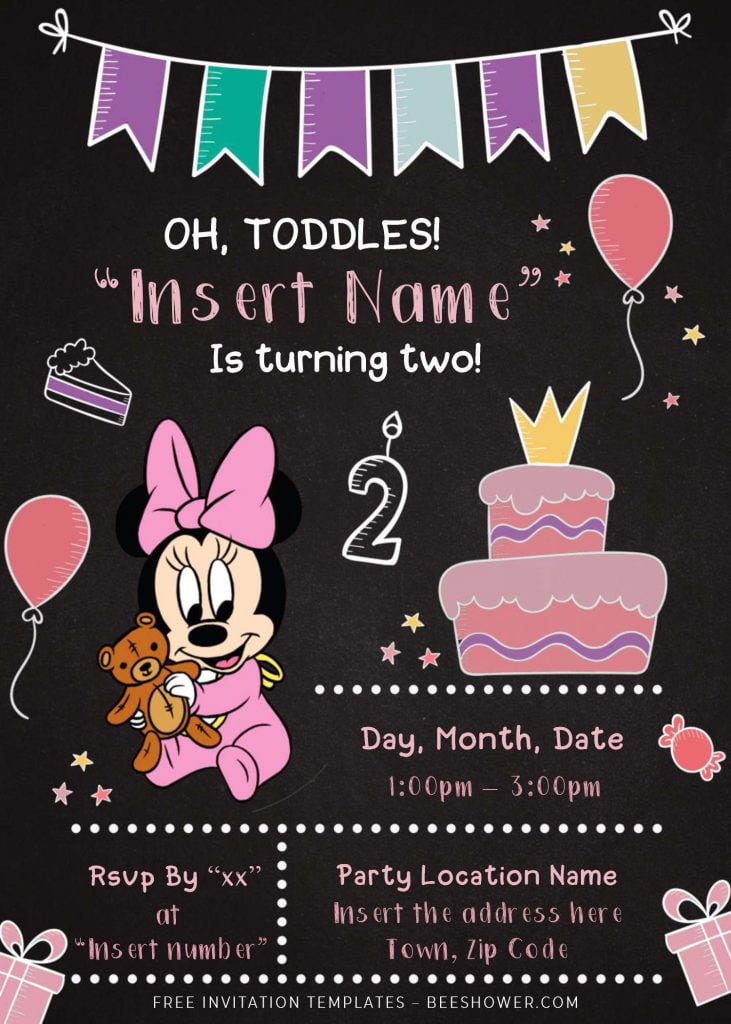 Free Minnie Mouse Chalkboard Baby Shower Invitation Templates For Word and has adorable Minnie hold a teddy bear