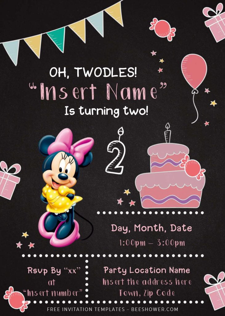Free Minnie Mouse Chalkboard Baby Shower Invitation Templates For Word and has cute birthday cake and balloons