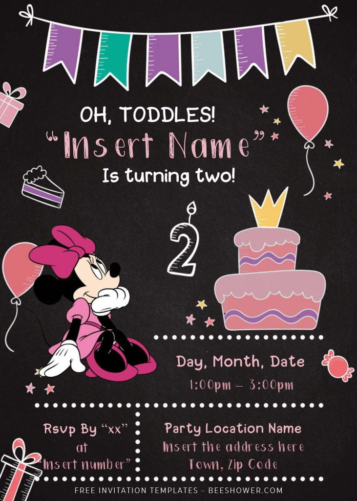 Free Minnie Mouse Chalkboard Baby Shower Invitation Templates For Word and has Minnie in pink dress