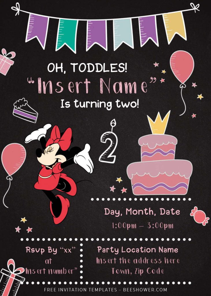Free Minnie Mouse Chalkboard Baby Shower Invitation Templates For Word and has portrait design and chalkboard background