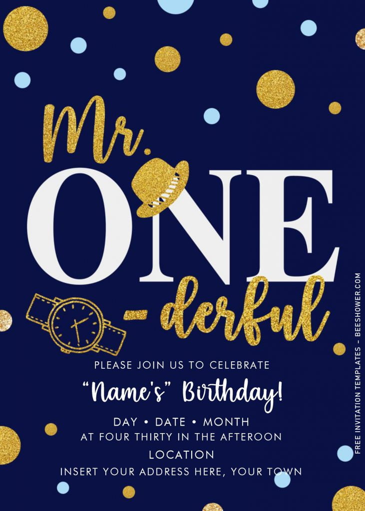 Free Mr. Onederful Baby Shower Invitation Templates For Word and has colorful and gold glitter polka dots pattern