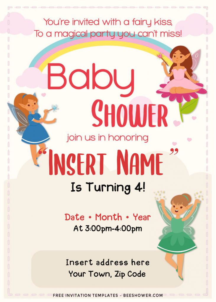 Free Rainbow Magic Fairy Baby Shower Invitation Templates and has cute you are invited with a fairy kiss to a magical party you can't miss