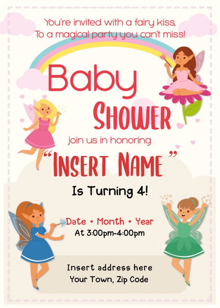 Free Rainbow Magic Fairy Baby Shower Invitation Templates and has pastel colored rainbow