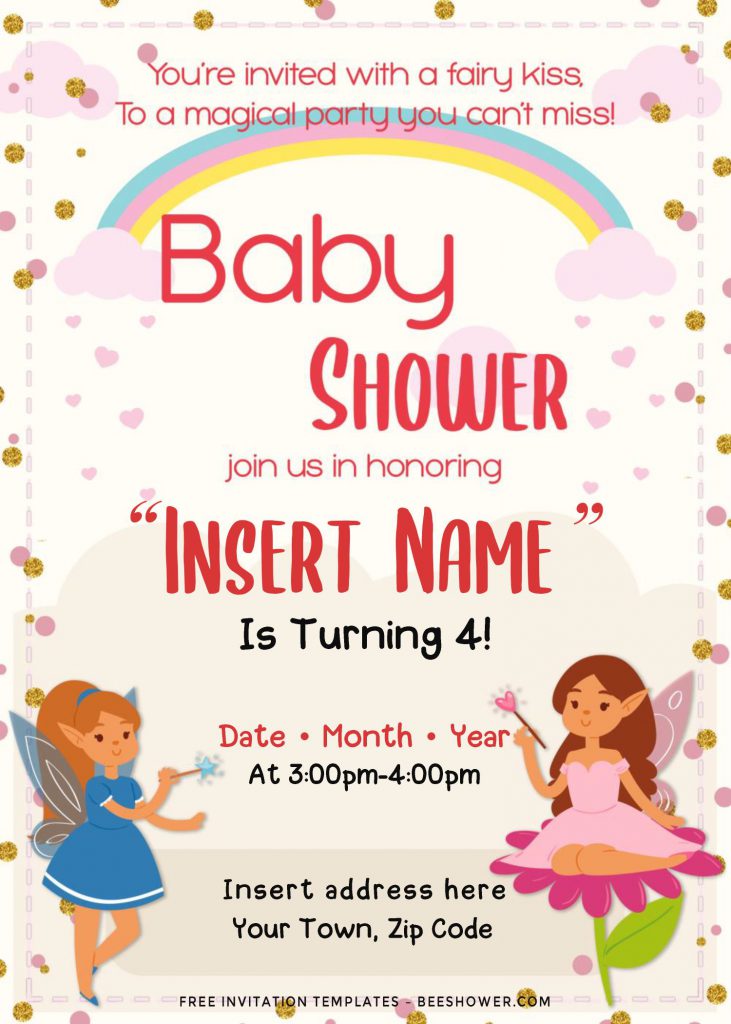 Free Rainbow Magic Fairy Baby Shower Invitation Templates and has custom pink and gold glitter polka dots border