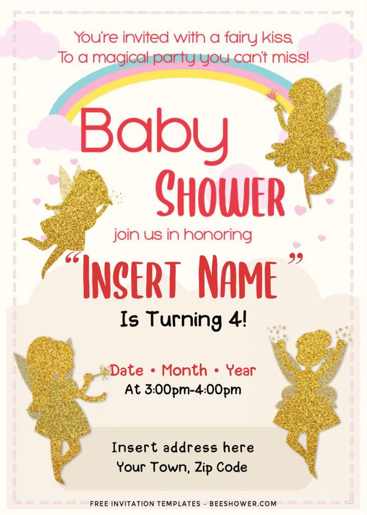 Free Rainbow Magic Fairy Baby Shower Invitation Templates and has portrait orientation card design and white yellowish background