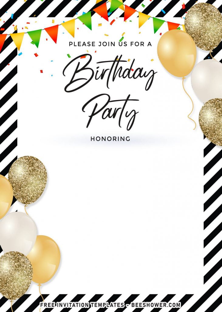 7+ Stunning Gold Balloons Birthday Invitation Templates and has colorful dots 