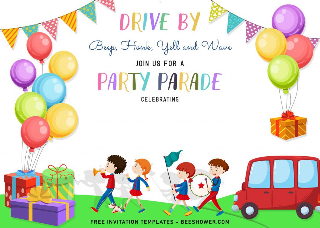 7+ Fun Drive By Parade Birthday Invitation Templates and has colorful balloons
