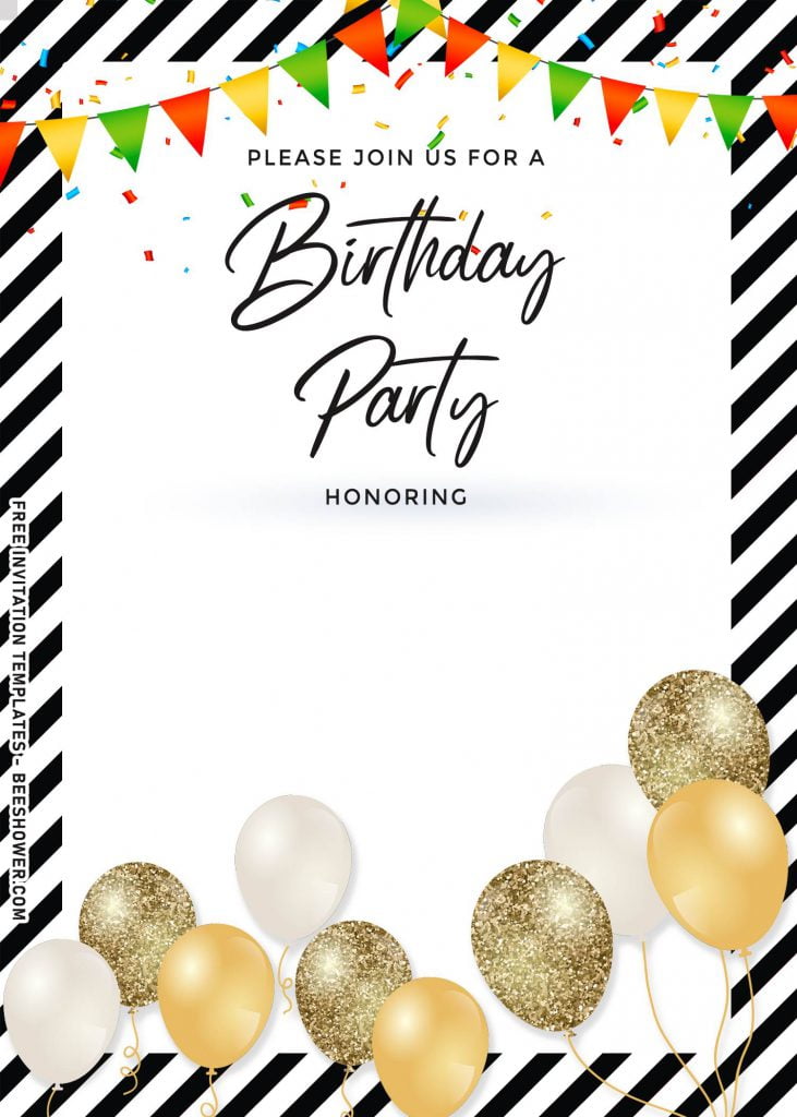 7+ Stunning Gold Balloons Birthday Invitation Templates and has bunting flags