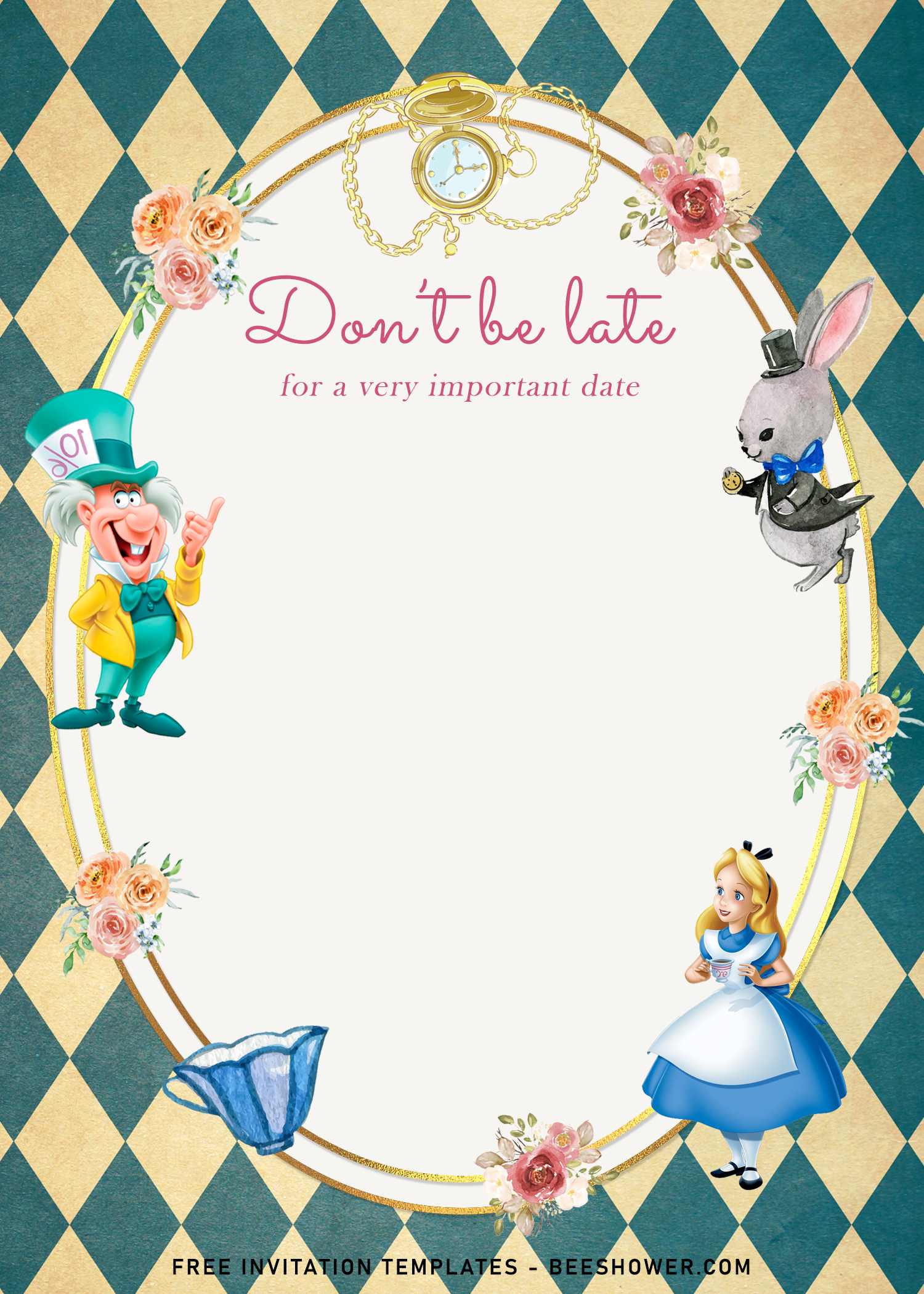 Vintage inspired Alice in Wonderland party Invitation  set of 8 
