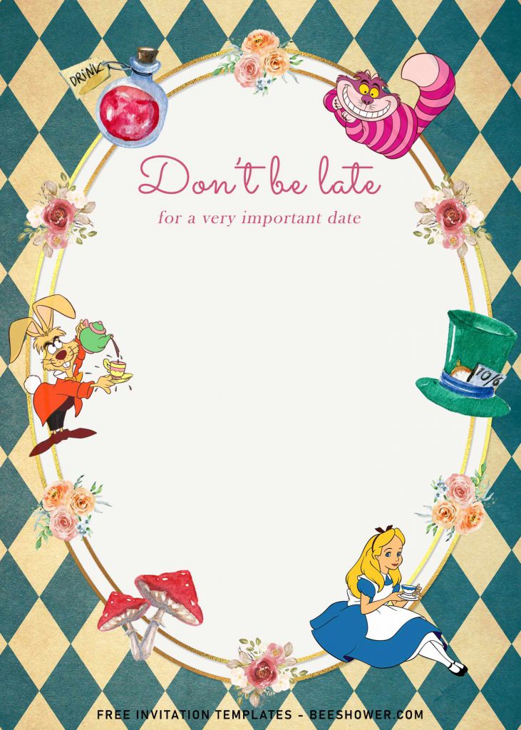8+ Vintage Cute Alice In Wonderland Birthday Invitation Templates and has white text box and gold frame