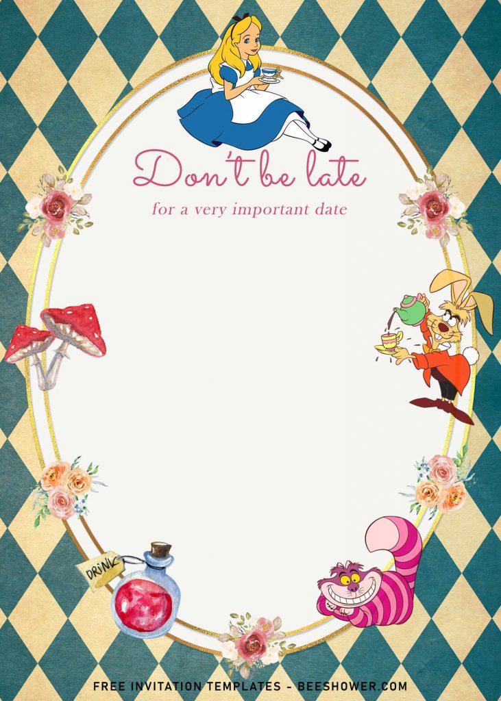 8+ Vintage Cute Alice In Wonderland Birthday Invitation Templates and has diamond shape pattern
