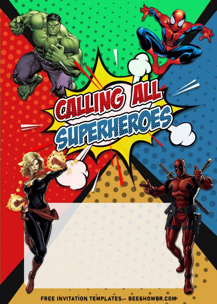 8+ Superhero Avengers Birthday Invitation Templates For Your Kid's Birthday Party and has comic book style background and halftone pattern