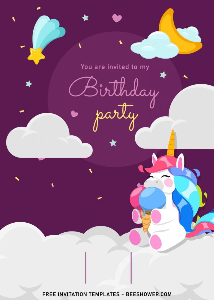 7+ Magical Rainbow Unicorn Birthday Invitation Templates For Kids Birthday Party and has White clouds