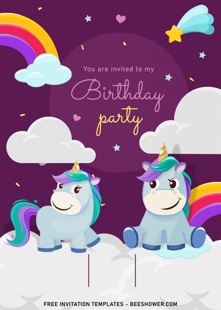 7+ Magical Rainbow Unicorn Birthday Invitation Templates For Kids Birthday Party and has Sparkling White stars