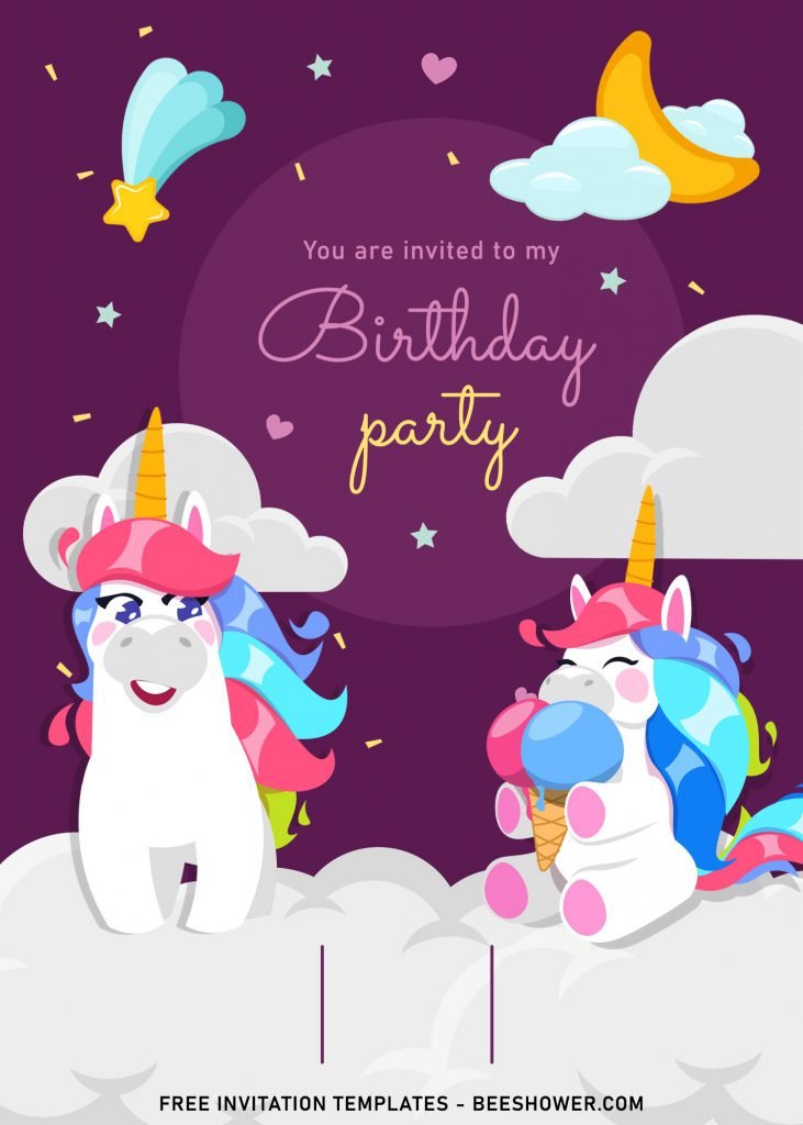 7+ Magical Rainbow Unicorn Birthday Invitation Templates For Kids Birthday Party and has cute Rainbow with rainbow colored hair