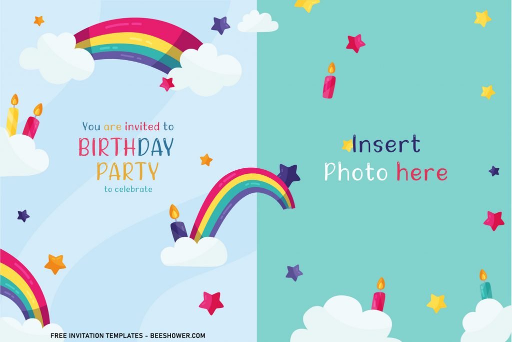 8+ Best Rainbow Party Birthday Invitation Templates For Your Kid’s Birthday Party and has white fluffy clouds