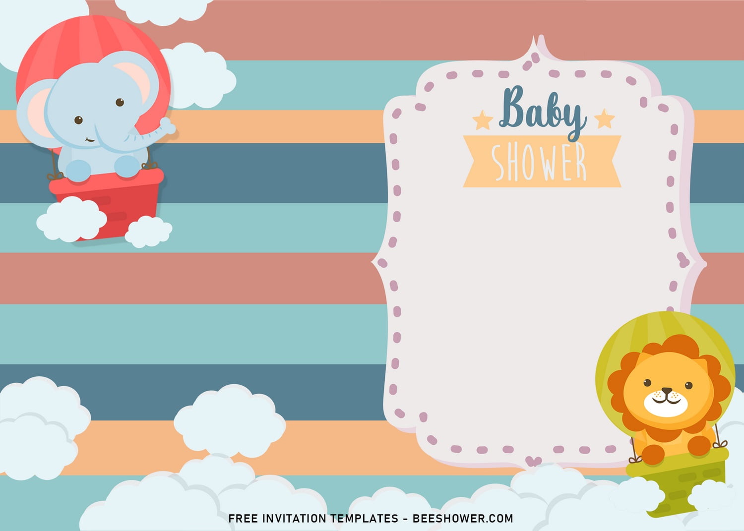 8+ Cute Baby Animals Themed Birthday Invitation Templates and has cute Baby Elephant on Hot Air Balloons