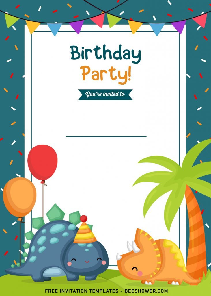 9+ Fun Dino Party Themed Birthday Invitation Templates and has cute dinosaur with balloons