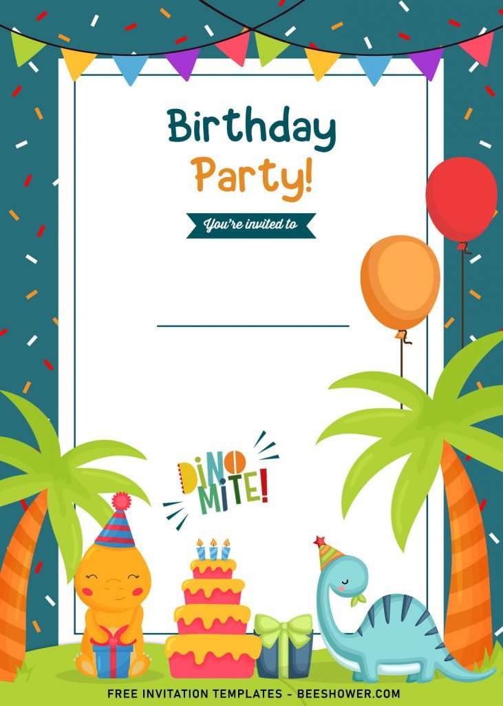 9+ Fun Dino Party Themed Birthday Invitation Templates and has palm trees