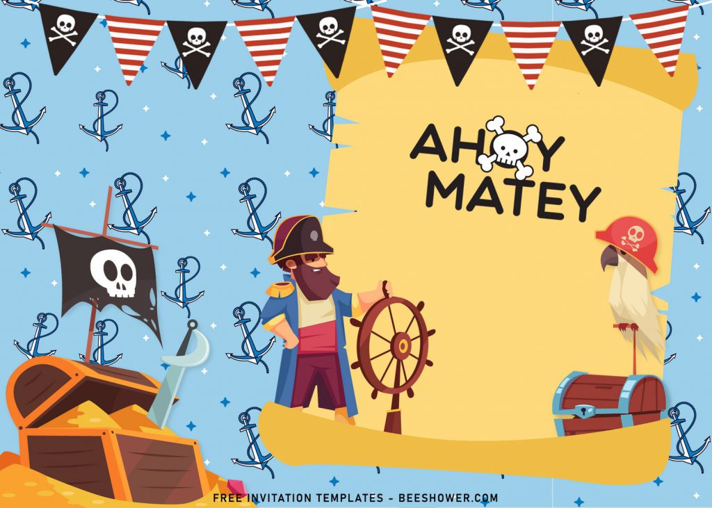 11+ Personalized Pirate Themed Birthday Invitation Templates For Your Kid’s Birthday Party with cute pirate behind the wheel