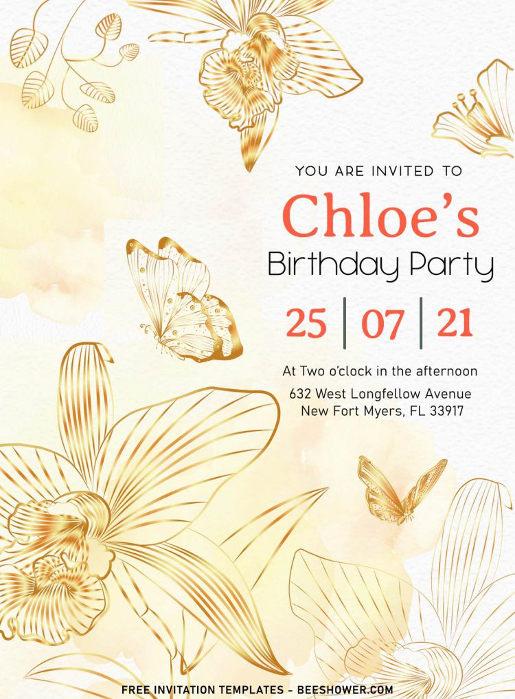 7+ Stunning Gold Floral And Butterfly Birthday Invitation Templates ...