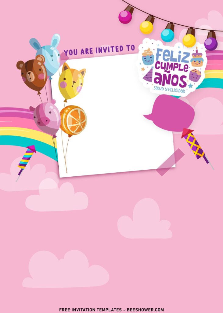 11+ Cute Girl Birthday Invitation Templates With Birthday Balloons with colorful fireworks